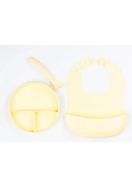 Mdb Sarı 3’lü Silikon Yemek Seti – Önlük + Diş Kaşıyıcılı Kaşık + Vakumlu Tabak
