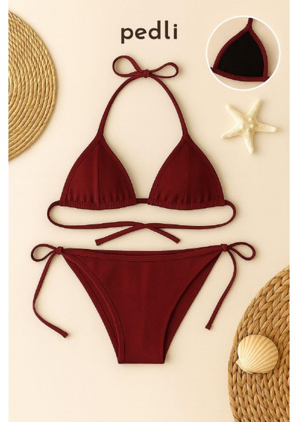 Kadın Bordo Yandan ve Boyundan Bağlamalı Bikini Mayo Takımı