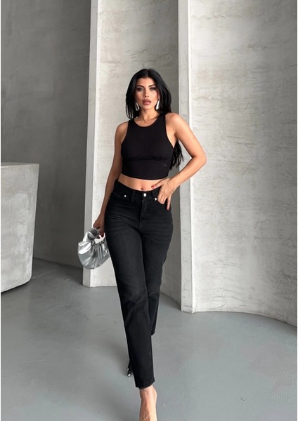 Mom Fit Enzim Bıyıklı Taş Yıkama Jeans Pantolon Siyah D2006 fiyatları