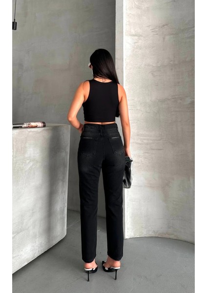 Mom Fit Enzim Bıyıklı Taş Yıkama Jeans Pantolon Siyah D2006 modelleri