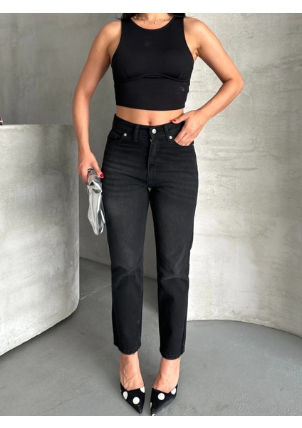 Mom Fit Enzim Bıyıklı Taş Yıkama Jeans Pantolon Siyah D2006 indirimleri