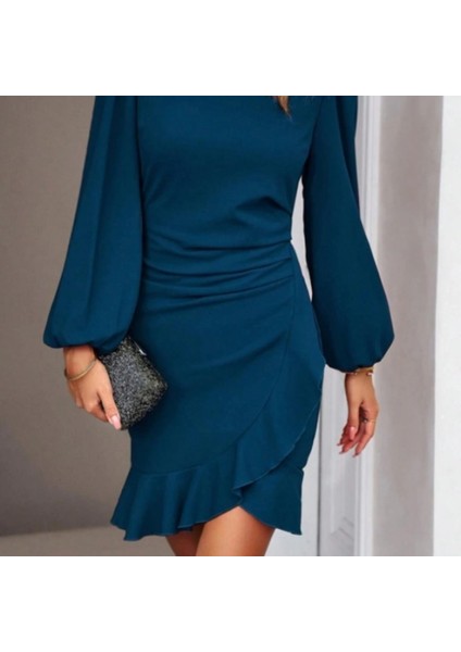 Mdb Kadın Uzun Kollu Bisiklet Yaka Önden Volanlı Ithal Krep Elbise modelleri