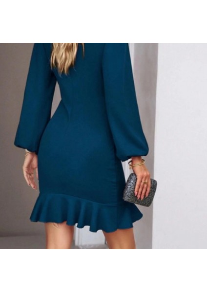 Mdb Kadın Uzun Kollu Bisiklet Yaka Önden Volanlı Ithal Krep Elbise indirimleri