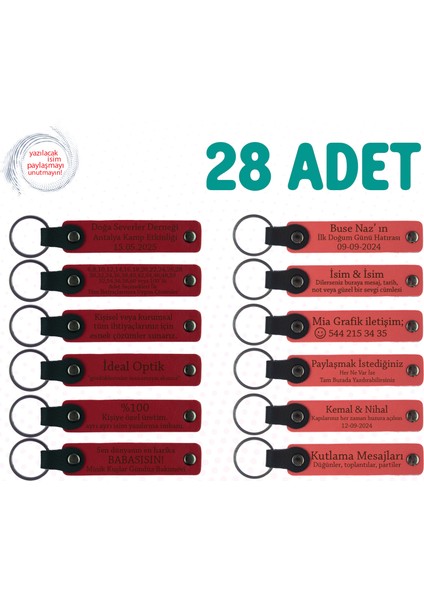 Kırmızı & Nar Çiçeği, 28’li Set, Mesajlı Deri Hatıra Anahtarlık, Akraba Yemeklerine Küçük Hediye