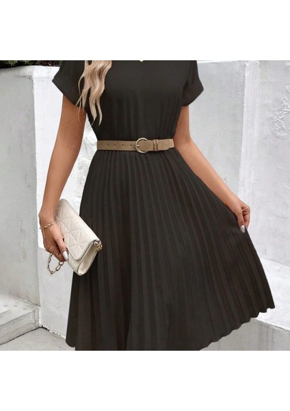 Mdb Kadın Kısa Kollu Yakası Açık Belden Lastikli Pileli Kısa Ithal Krep Elbise