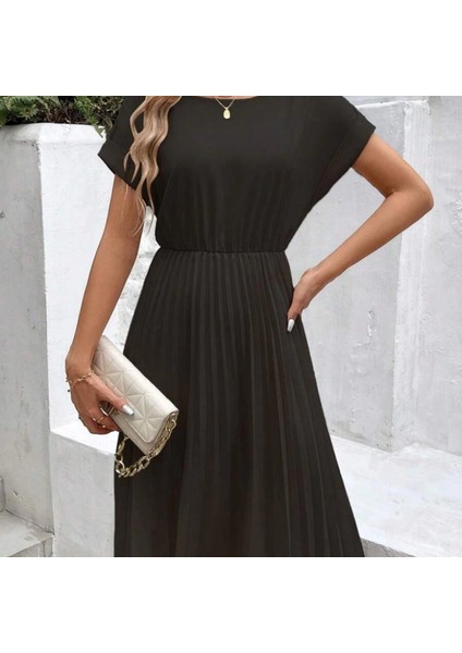 Mdb Kadın Kısa Kollu Yakası Açık Belden Lastikli Pileli Kısa Ithal Krep Elbise fiyatları