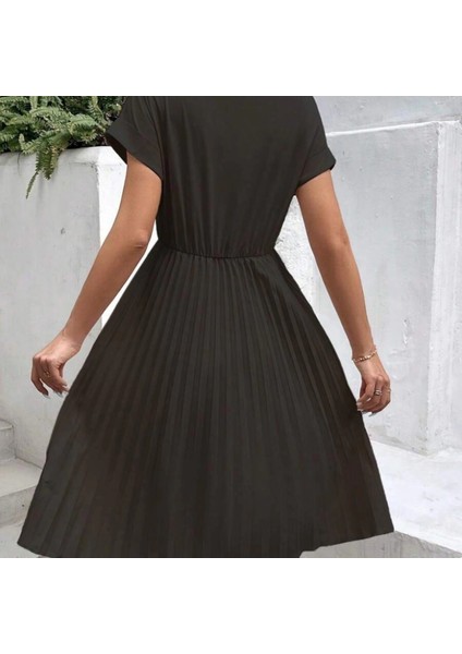 Mdb Kadın Kısa Kollu Yakası Açık Belden Lastikli Pileli Kısa Ithal Krep Elbise fırsatları