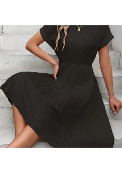 Mdb Kadın Kısa Kollu Yakası Açık Belden Lastikli Pileli Kısa Ithal Krep Elbise