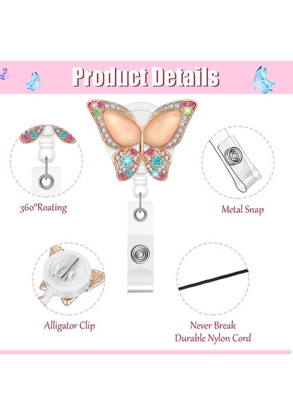 5 Adet Geri Çekilebilir Rozet Tutucu Makarası, Kelebek El Yapımı Bling Rhinestone Kimlik Rozeti Sahipleri Klipli, Gönüllü Hemşireler Için (Yurt Dışından) fırsatları