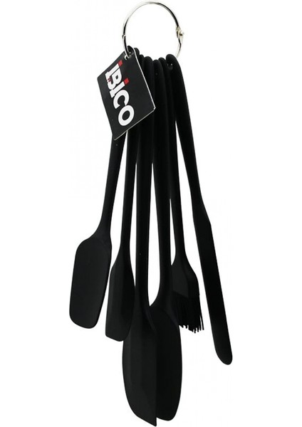 6pcs Silikon - Siyah Mutfak Seti 2 Kaşık - 3 Spatula - Yumurta Fırça Metal Asma Halkalı (4887)