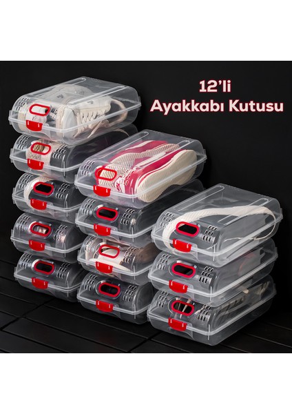 204-12 Kadın ve Çocuk Ayakkabı Saklama Kutusu - Şeffaf Pratik Ayakkabı Kabı Düzenleyici Saklama Seti 12 Adet