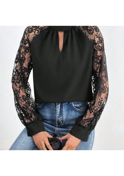 Mdb Kadın Uzun Kollu Göğüs Pencere Detay Yaka Boğazlı Kolları Tüllü Sandy Bluz fiyatları