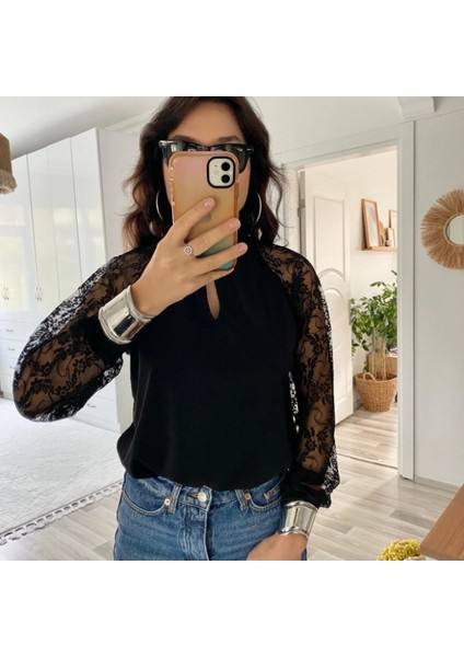 Mdb Kadın Uzun Kollu Göğüs Pencere Detay Yaka Boğazlı Kolları Tüllü Sandy Bluz fırsatları