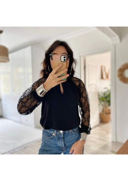 Mdb Kadın Uzun Kollu Göğüs Pencere Detay Yaka Boğazlı Kolları Tüllü Sandy Bluz indirimleri