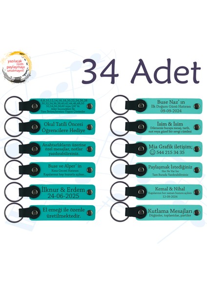 Koyu Turkuaz & Turkuaz, 34’lü Set, Kişisel Mesajlı Deri Anahtarlık, Aile Pikniklerine Özel Sürpriz