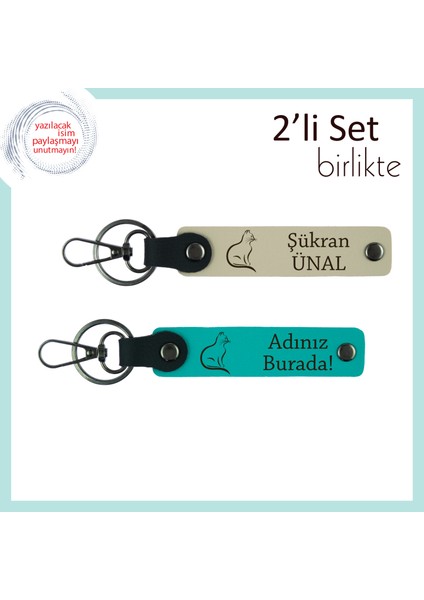 Kedili Kombinlere Sevimli Hediye, Patili Desenli, Kişisel Yazılı Anahtarlık, Sütlü Kahve-K Turkuaz