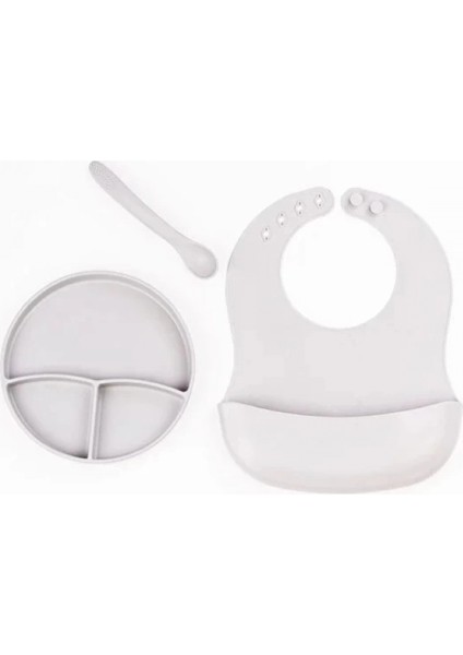 Mdb Gri 3’lü Silikon Yemek Seti – Önlük + Diş Kaşıyıcılı Kaşık + Vakumlu Tabak