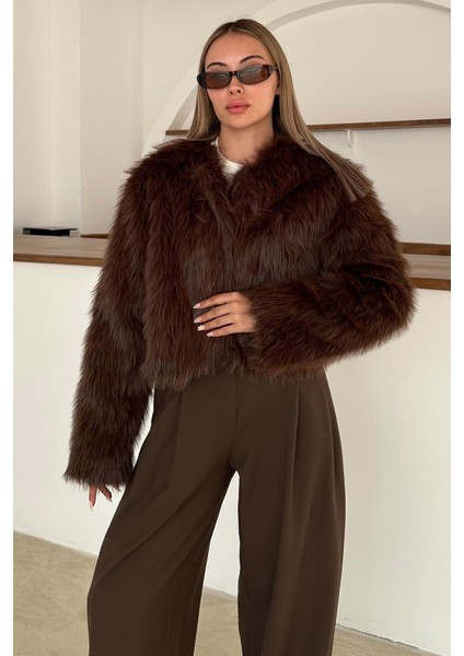 Sıfır Yaka Crop Suni Kürk Ceket Kahve 1014