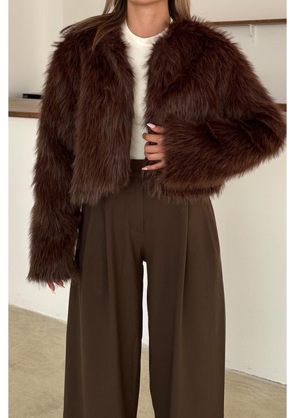 Sıfır Yaka Crop Suni Kürk Ceket Kahve 1014 fiyatları