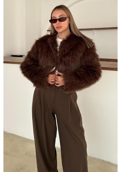 Sıfır Yaka Crop Suni Kürk Ceket Kahve 1014 fırsatları