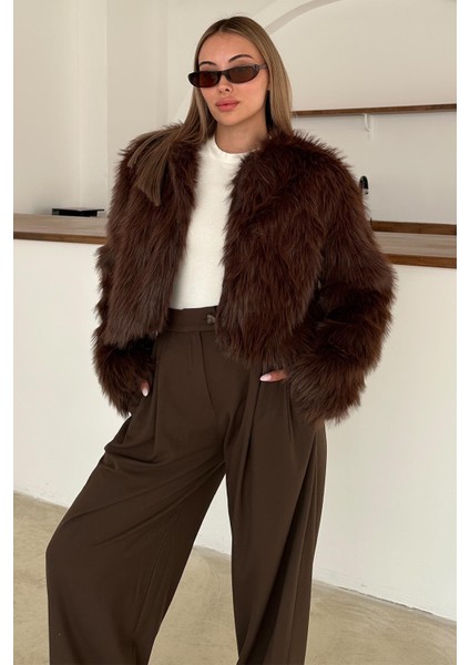 Sıfır Yaka Crop Suni Kürk Ceket Kahve 1014 indirimleri