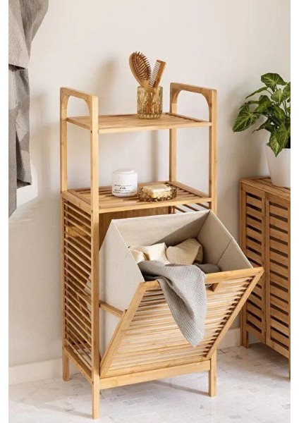 2 Organizer Raflı Ahşap Bambu Çek-Aç Kirli Sepeti