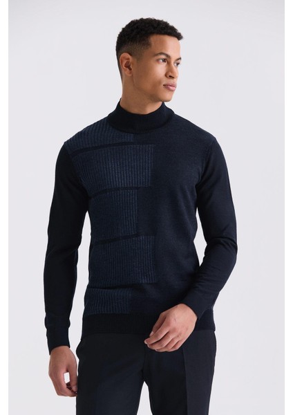 Lacivert Regular Fit Yarım Balıkçı Yaka Desenli Erkek Triko indirimleri