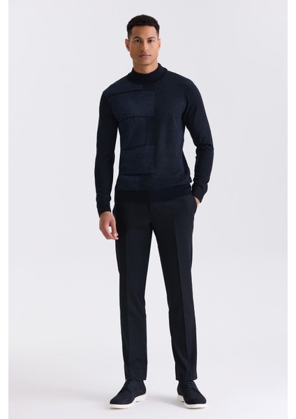 Lacivert Regular Fit Yarım Balıkçı Yaka Desenli Erkek Triko