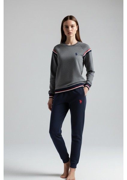 Kadın Antrasit Şerit Detaylı Bisiklet Yaka Pijama Takımı C8T1N102