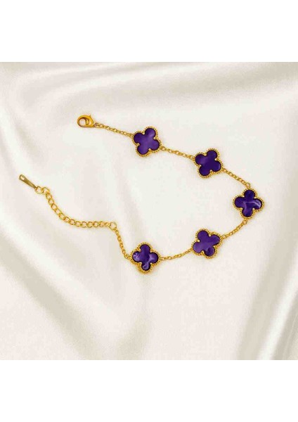 Mor Yonca Taşlı Altın Renk Çelik Bileklik