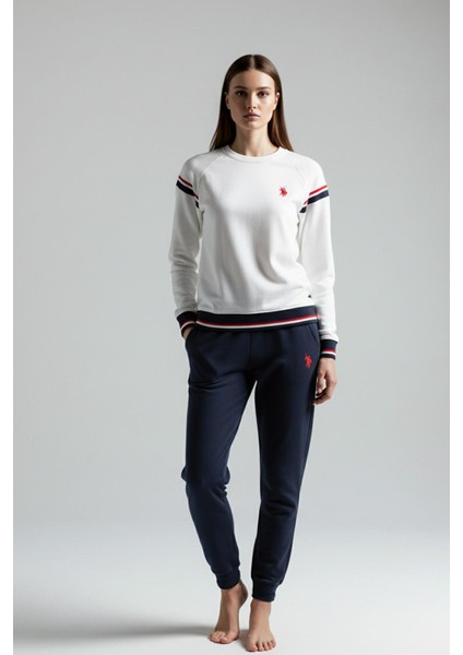 Kadın Ekru Şerit Detaylı Bisiklet Yaka Pijama Takımı C8T1N102