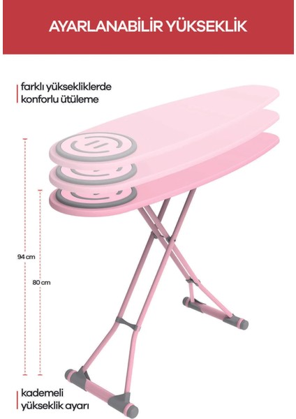 Premium Ütü Masası Soft Pembe Ayarlanabilir Yükseklik 44x152 cm Fonksiyonel Tasarım