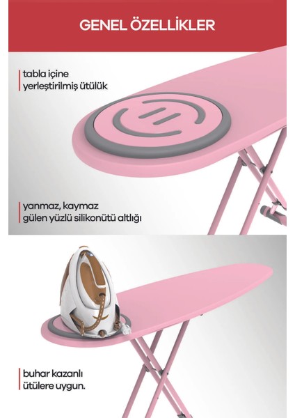 Premium Ütü Masası Soft Pembe Ayarlanabilir Yükseklik 44x152 cm Fonksiyonel Tasarım