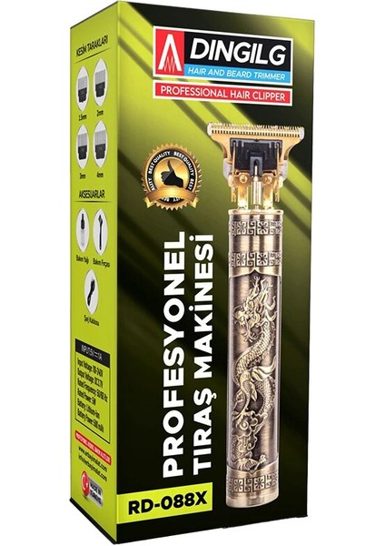 T Bıçak Baskılı Plastik Gövde Ense Çizim - Saç Sakal Kesme Traş Makinesi USB Şarjlı RD-088X (5047)