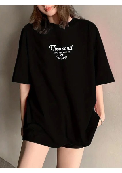 Thousand Baskılı Oversize Bisiklet Yaka T-Shirt - Siyah