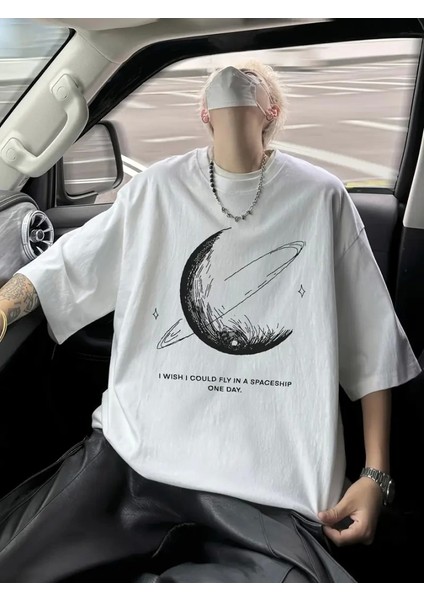 Baskılı Oversize Bisiklet Yaka T-Shirt - Beyaz