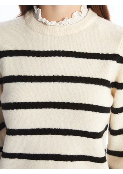 Lcw Vision Siyah Fırfırlı Dik Yaka Çizgili Uzun Kollu Kadın Triko Kazak modelleri