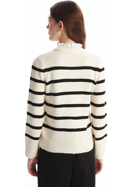 Lcw Vision Siyah Fırfırlı Dik Yaka Çizgili Uzun Kollu Kadın Triko Kazak fırsatları