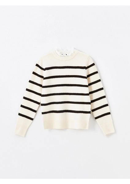 Lcw Vision Siyah Fırfırlı Dik Yaka Çizgili Uzun Kollu Kadın Triko Kazak indirimleri