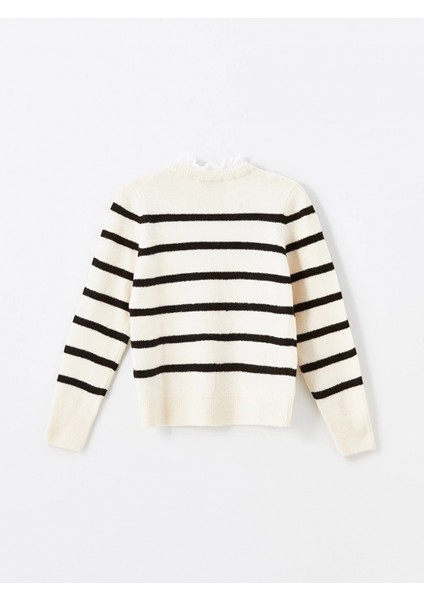 Lcw Vision Siyah Fırfırlı Dik Yaka Çizgili Uzun Kollu Kadın Triko Kazak