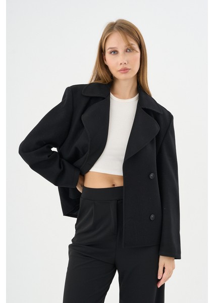 Kadın Oversize Kruvaze Kaşe Mont Ceket Siyah modelleri