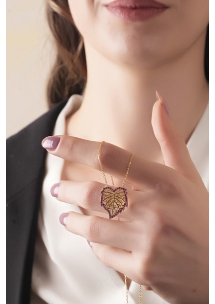 925 Ayar Gümüş , Gold Kaplamalı,ruby Taşlı,çınar Yaprağı Kolye