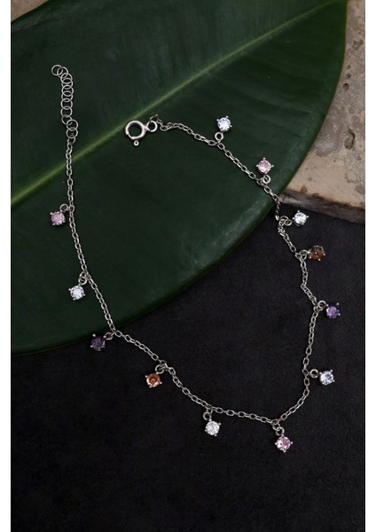 925 Ayar Gümüş, Rodyum Kaplamalı Yuvarlak Mix Taşlı Halhal fiyatları