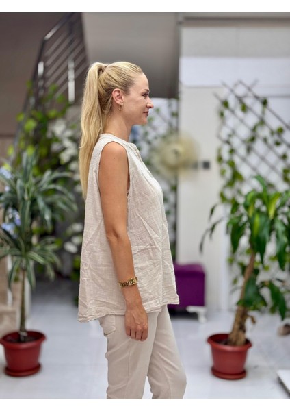 LS8819E Kolsuz Pamukketen Cepli Italyan Bluz Bej modelleri