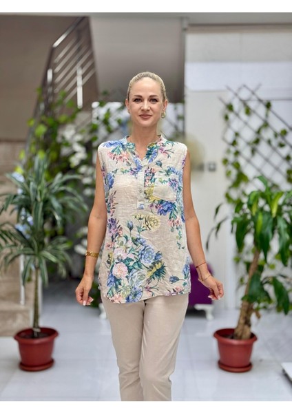 LS8819D Kolsuz Pamukketen Cepli Italyan Bluz Bej