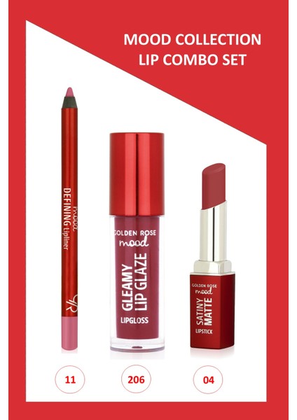 Mood Lip Combo Set - Defining Dudak Kalemi No:11 - Satiny Matte Ruj No:04 - Gleamy Dudak Parlatıcısı NO:206