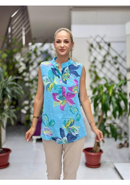 LS8819B Kolsuz Pamukketen Cepli Italyan Bluz Mavi