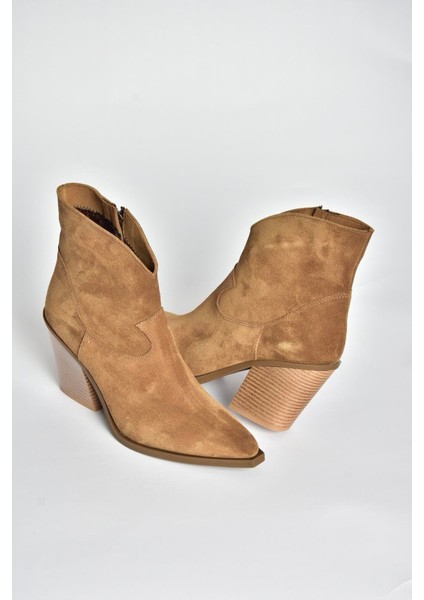 V654081902 Taba Hakiki Deri Süet Kalın Topuklu Western Kovboy Kadın Bot