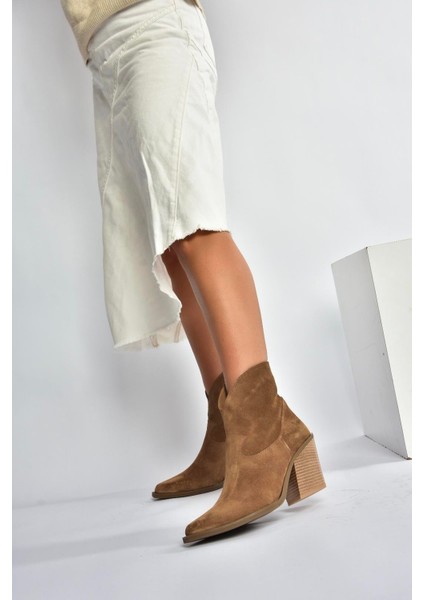 V654081902 Taba Hakiki Deri Süet Kalın Topuklu Western Kovboy Kadın Bot modelleri