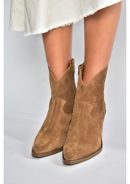 V654081902 Taba Hakiki Deri Süet Kalın Topuklu Western Kovboy Kadın Bot indirimleri